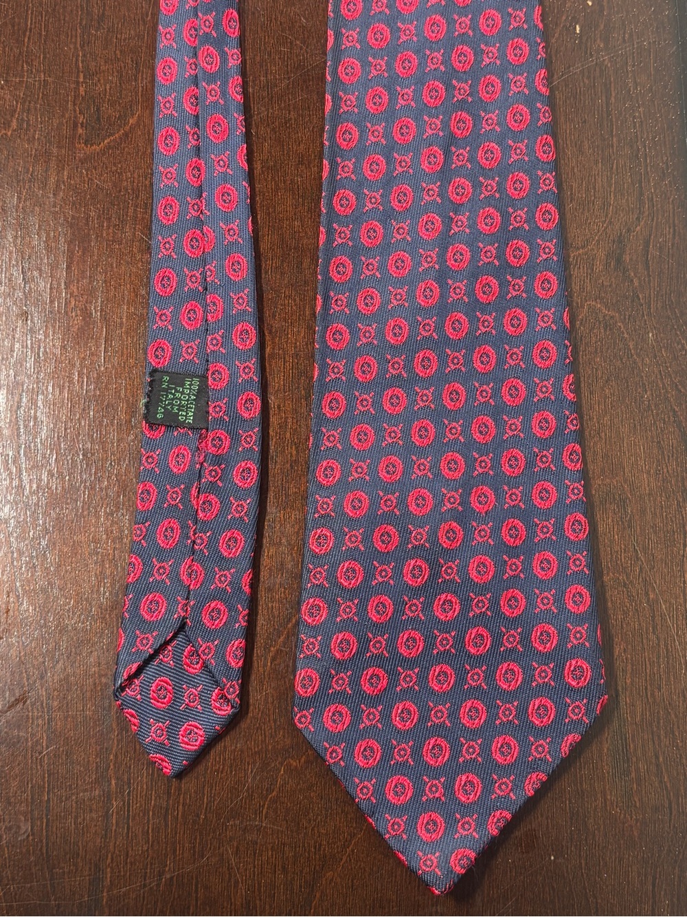 Source Unknown Navy Tie with Pink Geometric Medallions